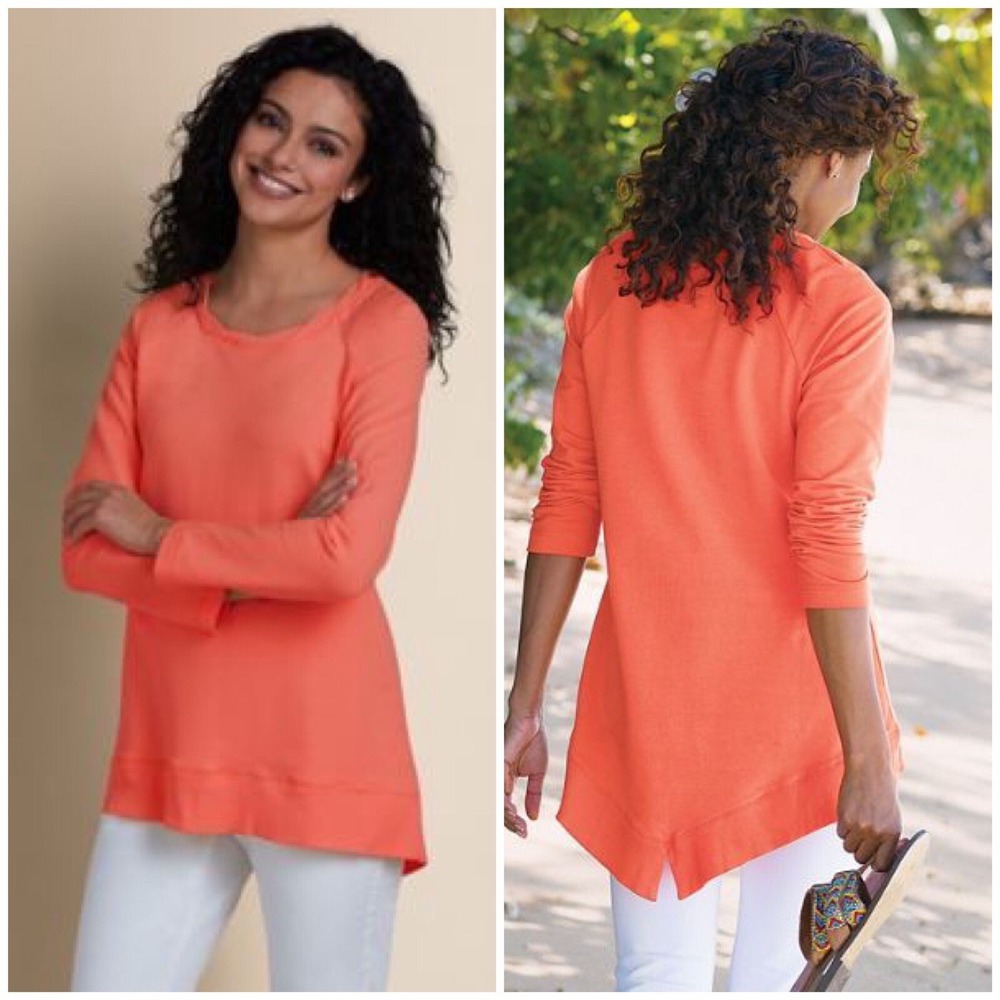Soft Surroundings Trevi Coral Pink Tunic Sweatshirt Hi-Low Split Back Women's XL